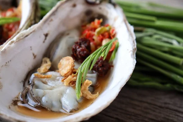 Fresh Oyster Shell Seafood Salad Thai Style — Stock Photo, Image