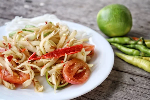 Papaya Salade Thais Eten Houten Achtergrond — Stockfoto