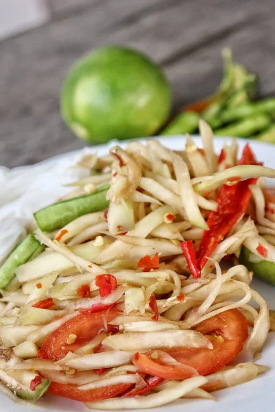 Papaya Salade Thais Eten Houten Achtergrond — Stockfoto