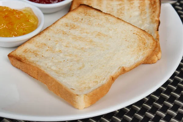 Breakfast Slice Toast Bread Orange Marmalade Jam Strawberry Jam — Foto de Stock