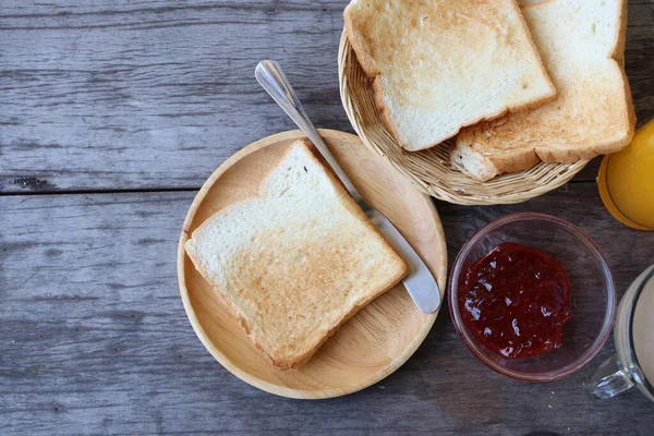 Breakfast Slice Toast Bread Strawberry Jam Orange Juice Coffee Cup — Fotografia de Stock