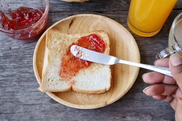 Breakfast Slice Toast Bread Strawberry Jam Orange Juice Coffee Cup — Foto de Stock