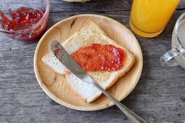 Breakfast Slice Toast Bread Strawberry Jam Orange Juice Coffee Cup — Stock Photo, Image