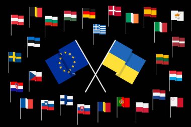 Flags of the European Union and Ukraine, as well as EU member states.