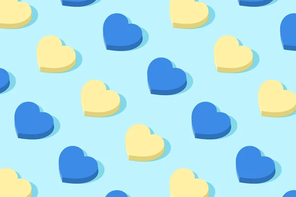 Fashion pattern in alternation of blue and yellow. Geometric hearts in the pastel colors of the Ukrainian flag. Minimal holiday concept. Solar shadow.