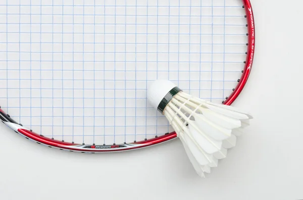 Racheta badminton cu shuttlecock în dreapta sus vedere parțială — Fotografie, imagine de stoc