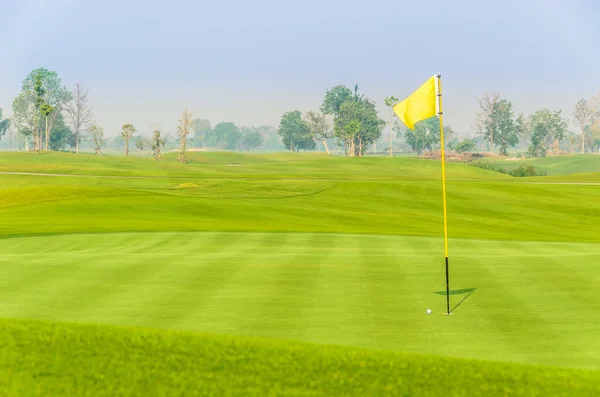 Golf ball near hole on green with yellow flag — Stock Photo, Image