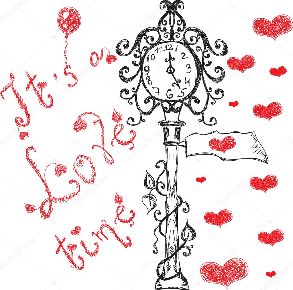 street clock and hearts valentines card background