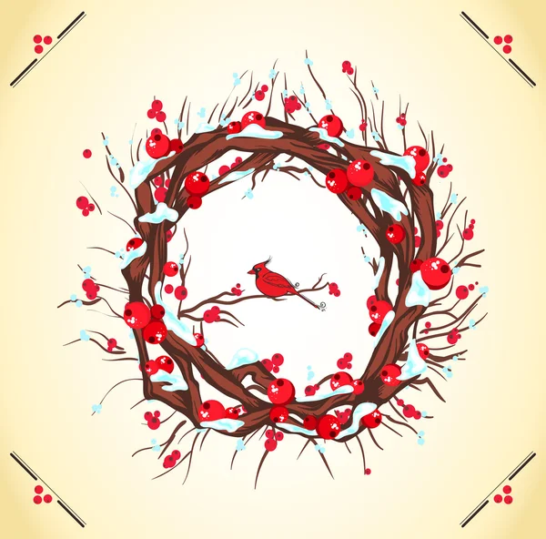 Christmas background with holly wreath and cardinal bird — Stock Vector