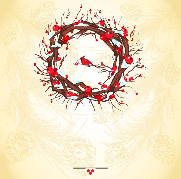 Fond de Noël avec couronne de houx et oiseau cardinal — Image vectorielle