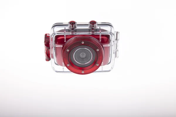 Underwater red action video camera with plastic waterproof case — Stock Photo, Image