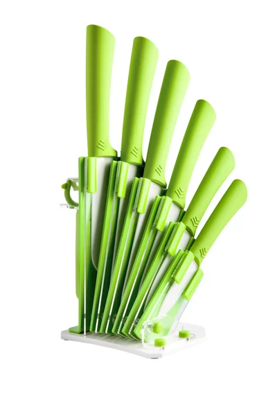 Bloque de cuchillos con 6 cuchillos verdes diferentes —  Fotos de Stock