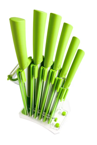 Bloque de cuchillos con 6 cuchillos verdes diferentes —  Fotos de Stock