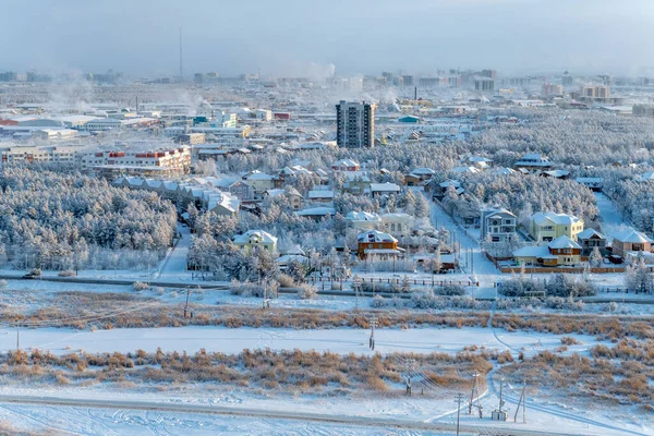 View Hill Yakutsk City Fog Cold Winter Evening — Stockfoto