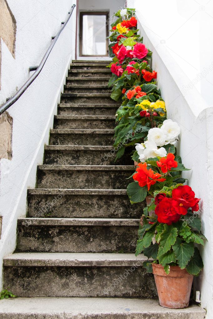 Staircase decorated with colorful flowers