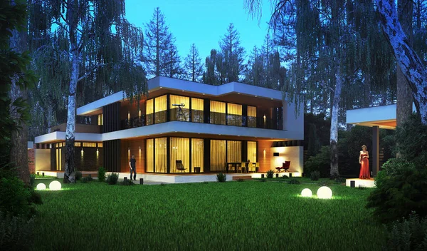 Visualisering Modern Villa Med Stor Tomt Individuellt Bostadshus Modern Arkitektur — Stockfoto