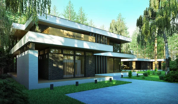 3D visualization of a modern villa with a large plot. Individual residential building. Modern architecture