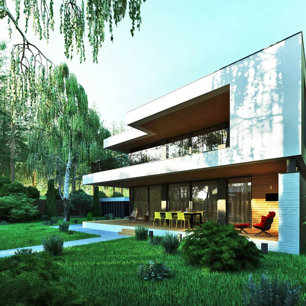 Visualisierung Einer Modernen Villa Mit Großem Grundstück Individuelles Wohngebäude Moderne — Stockfoto