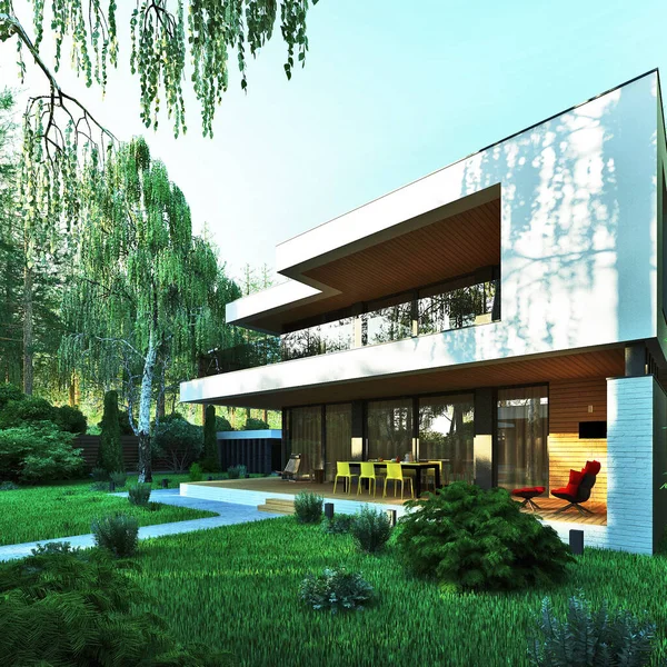 3D visualization of a modern villa with a large plot. Individual residential building. Modern architecture