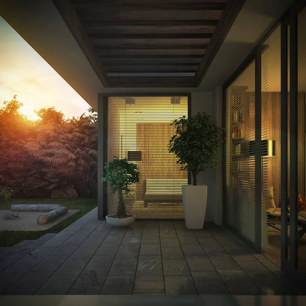 Візуалізація Сучасного Будинку Панорамними Вікнами Будинок Плоским Дахом Тераса Озеленення — стокове фото