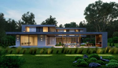 Modern bir evin 3 boyutlu modeli. Benzersiz görünüşlü bir ev projesi. Ev çizimi. Modern mimari