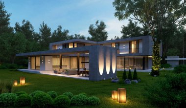 Modern bir evin 3 boyutlu modeli. Benzersiz görünüşlü bir ev projesi. Ev çizimi. Modern mimari