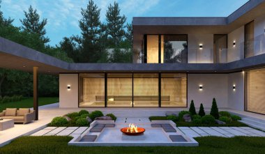 Modern bir evin 3 boyutlu modeli. Benzersiz görünüşlü bir ev projesi. Ev çizimi. Modern mimari