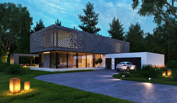 Modern bir evin 3 boyutlu modeli. Benzersiz görünüşlü bir ev projesi. Ev çizimi. Modern mimari