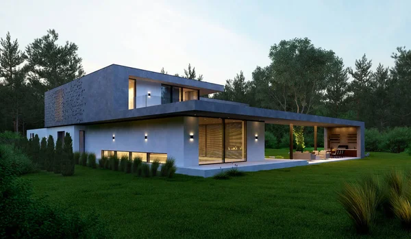 Modern bir evin 3 boyutlu modeli. Benzersiz görünüşlü bir ev projesi. Ev çizimi. Modern mimari
