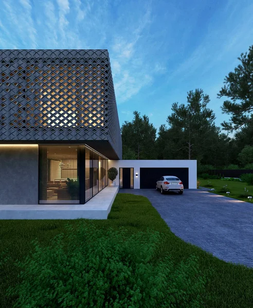 現代の家の3Dモデル ユニークなファサードを持つ家のプロジェクト 家のスケッチ 近代建築 — ストック写真