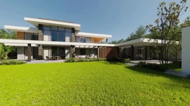 Büyük bir arsası olan modern bir evin 3 boyutlu animasyonu. Büyük pencereli ve teraslı bir ev.
