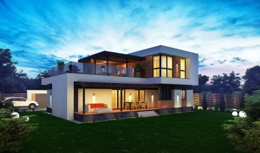 Düz çatılı, modern bir evin 3 boyutlu görüntüsü. Modern mimari. Panoramik pencereli ev. Lüks ev, villa.