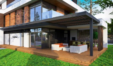 Düz çatılı, modern bir evin 3 boyutlu görüntüsü. Modern mimari. Panoramik pencereli ev. Lüks ev, villa.