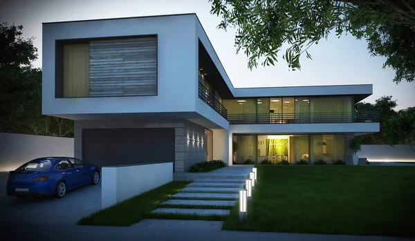 Representación Una Casa Moderna Con Techo Plano Arquitectura Moderna Casa —  Fotos de Stock