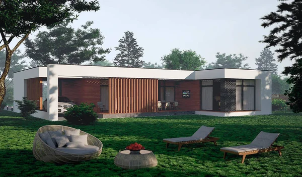 Düz çatılı, modern bir evin 3 boyutlu görüntüsü. Modern mimari. Panoramik pencereli ev. Lüks ev, villa.