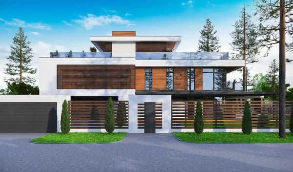 3D渲染了一个有平坦屋顶的现代房屋 现代建筑 有全景窗户的房子 豪华的房子 — 图库照片