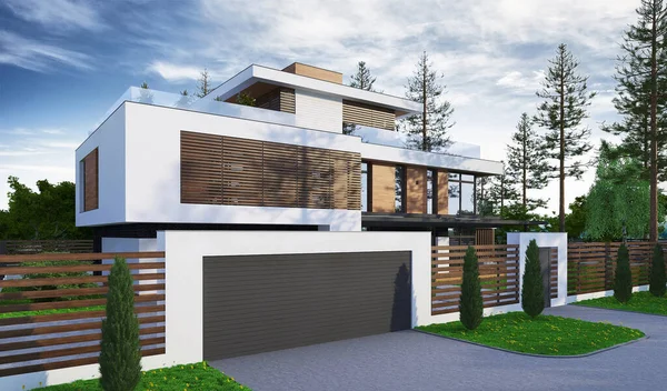 Düz çatılı, modern bir evin 3 boyutlu görüntüsü. Modern mimari. Panoramik pencereli ev. Lüks ev, villa.