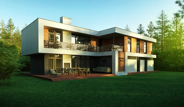 Düz çatılı, modern bir evin 3 boyutlu görüntüsü. Modern mimari. Panoramik pencereli ev. Lüks ev, villa.