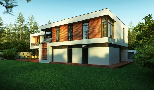 Düz çatılı, modern bir evin 3 boyutlu görüntüsü. Modern mimari. Panoramik pencereli ev. Lüks ev, villa.