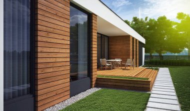 Düz çatılı, modern bir evin 3 boyutlu görüntüsü. Modern mimari. Panoramik pencereli ev. Lüks ev, villa.