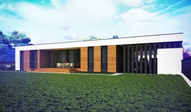 Düz çatılı, modern bir evin 3 boyutlu görüntüsü. Modern mimari. Panoramik pencereli ev. Lüks ev, villa.