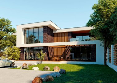 Düz çatılı, modern bir evin 3 boyutlu görüntüsü. Modern mimari. Panoramik pencereli ev. Lüks ev, villa.