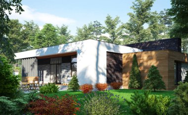 Düz çatılı, modern bir evin 3 boyutlu görüntüsü. Modern mimari. Panoramik pencereli ev. Lüks ev, villa.