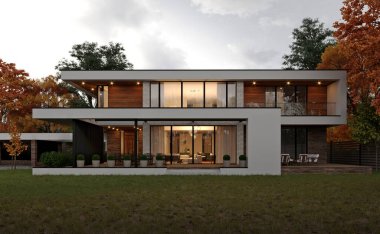 Düz çatılı, modern bir evin 3 boyutlu görüntüsü. Modern mimari. Panoramik pencereli ev. Lüks ev, villa.
