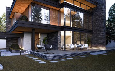 Düz çatılı, modern bir evin 3 boyutlu görüntüsü. Modern mimari. Panoramik pencereli ev. Lüks ev, villa.