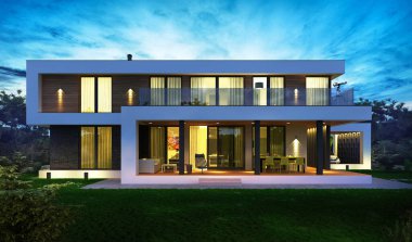 Düz çatılı, modern bir evin 3 boyutlu görüntüsü. Modern mimari. Panoramik pencereli ev. Lüks ev, villa.