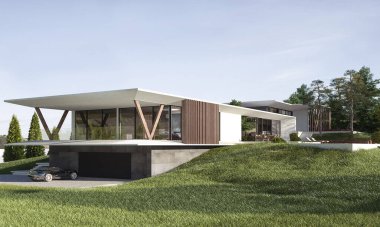 Düz çatılı, modern bir evin 3 boyutlu görüntüsü. Modern mimari. Panoramik pencereli ev. Lüks ev, villa.