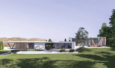Düz çatılı, modern bir evin 3 boyutlu görüntüsü. Modern mimari. Panoramik pencereli ev. Lüks ev, villa.