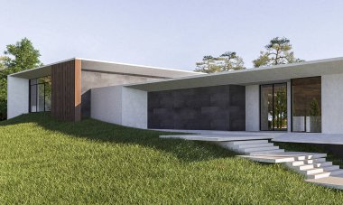 Düz çatılı, modern bir evin 3 boyutlu görüntüsü. Modern mimari. Panoramik pencereli ev. Lüks ev, villa.