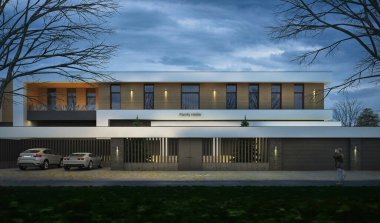 Düz çatılı, modern bir evin 3 boyutlu görüntüsü. Modern mimari. Panoramik pencereli ev. Lüks ev, villa.